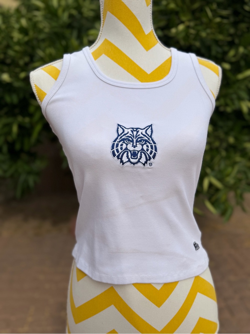 White Ribbed Tank Top with Navy Wildcat Logo